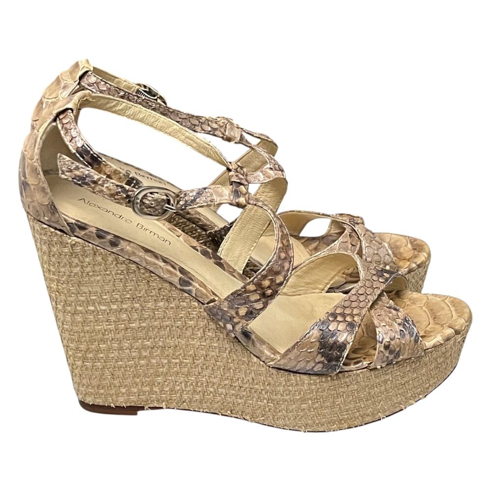 Alexandre Birman Python Skin Raffia Platform Wedge Sandals Beige Brown 7.5 - Picture 3 of 14